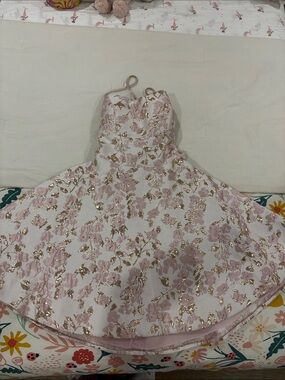 B Darlin Pink and Gold Floral Lace Formal Dress for Girls